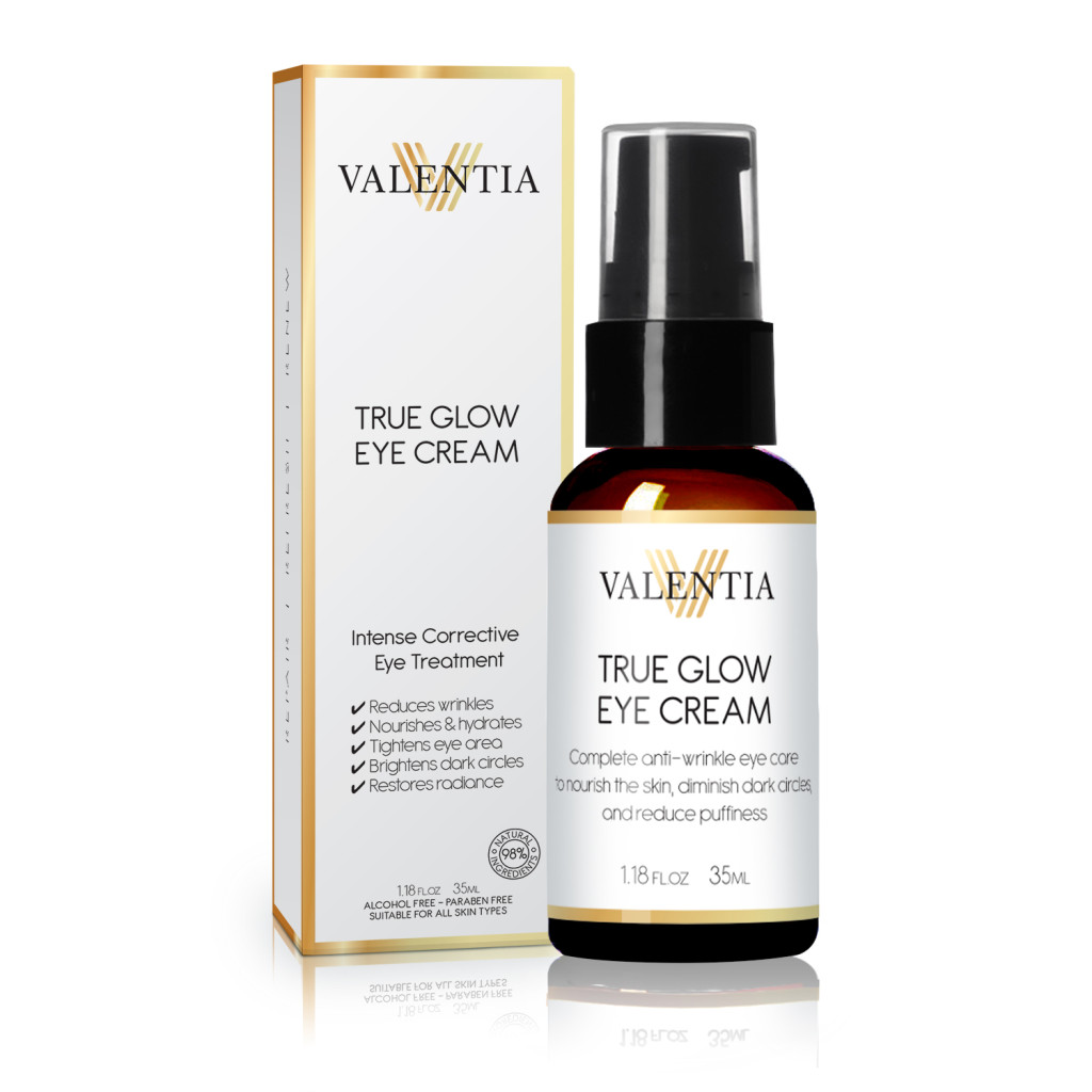 valentia True Glow Eye Cream, organic skin care, natural ingredients, made in the usa, cruelty free make up, sustainable energy, vegan friendly makeup